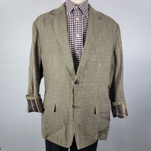 Tasso Elba Men's Sport Coat Blazer Two Button 100%‎ Linen Brown Plaid Sz XL